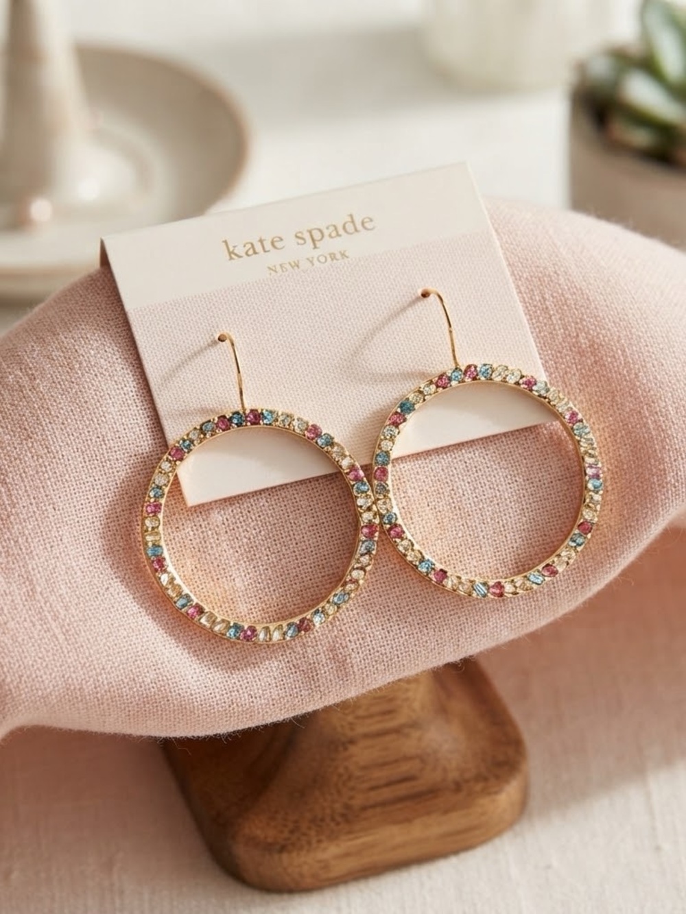 kate spade Gold Hoop Earrings with Pink, Blue, and Clear Crystals